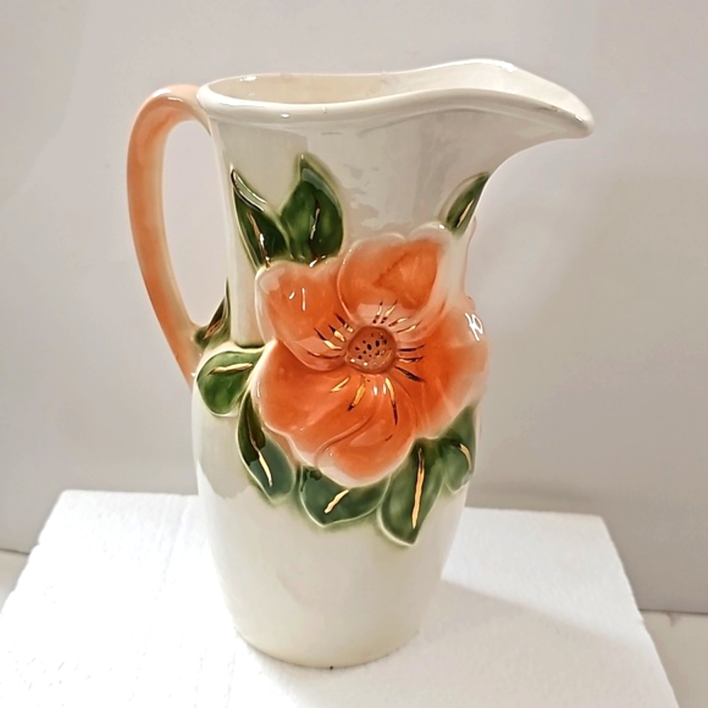 Holland Pitcher Mold rare vase soft peach flowers Ruby in gold. Vintage art vase